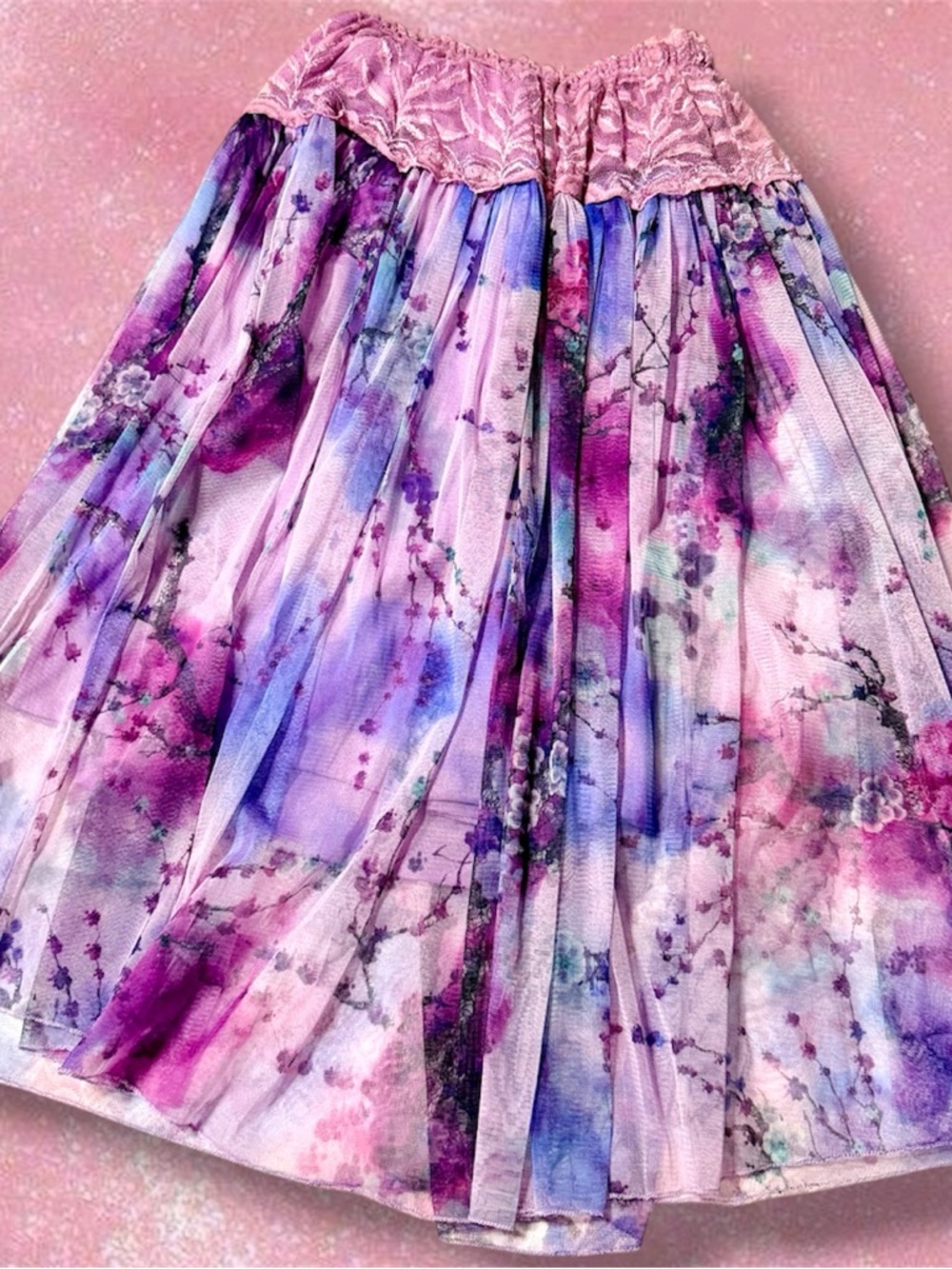 Whimsy Fairycore Floral Pleated Midi Skirt in Pink & Purple Size Large